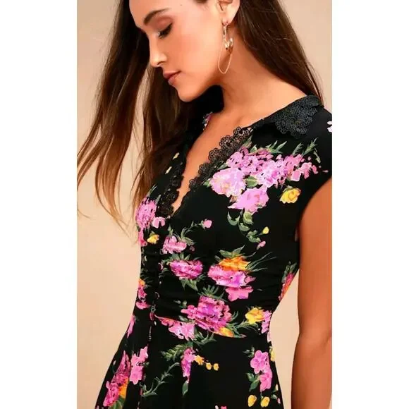 Free People Womens Size 4 Boho Alora Floral Lace Collared Cap Sleeve Mini Dress - Picture 2 of 7